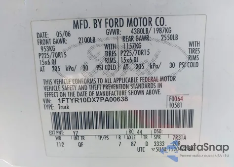 2007 Ford Ranger Stx/Xl/Xlt from USA, damaged, VIN 1FTYR10DX7PA00638